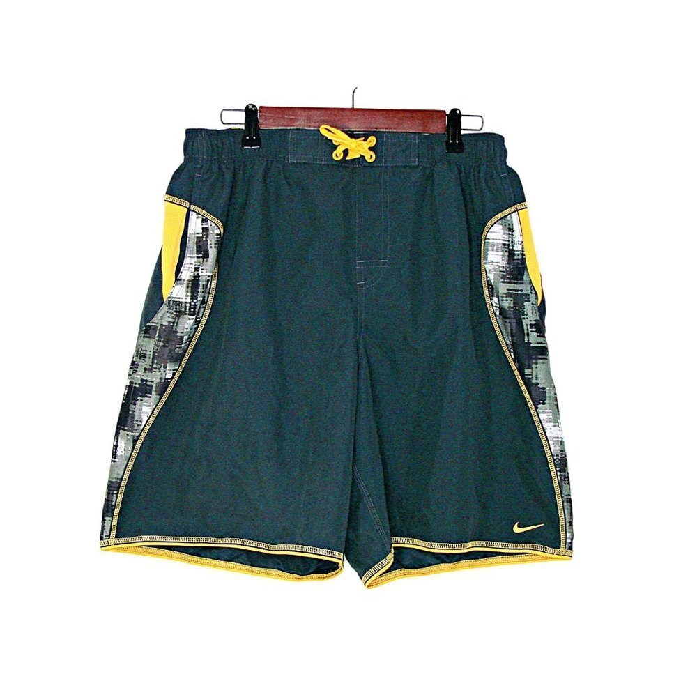 Nike Mens Drawstring Lined Swim Trunks Board Shorts Black Gray Yellow Size XL